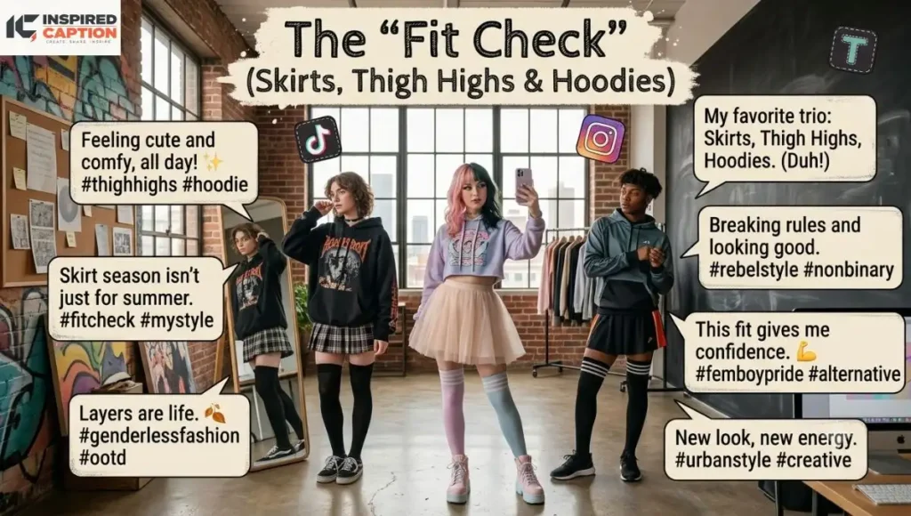 Outfit Femboy Captions for Fit Checks (Skirts, Thigh Highs & Hoodies)
